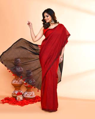 Handspun cotton red handloom saree with blouse 4