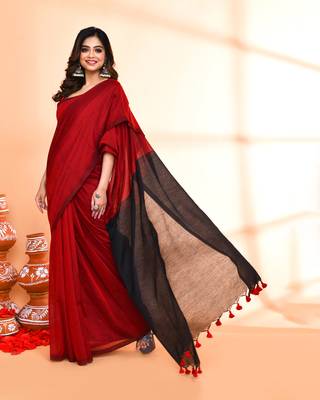 Handspun cotton red handloom saree with blouse 5
