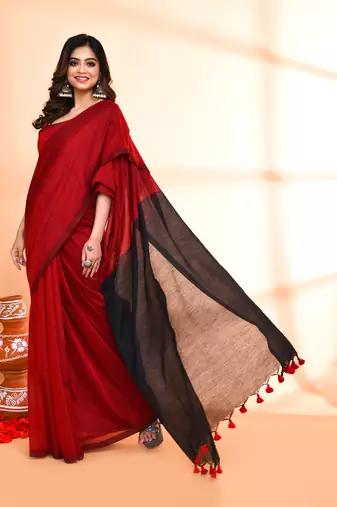 Handspun cotton red handloom saree with blouse