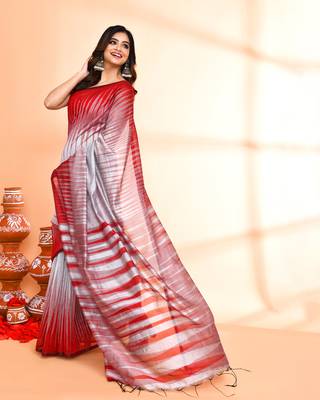 cotton silk silver handloom saree with blouse piece 3