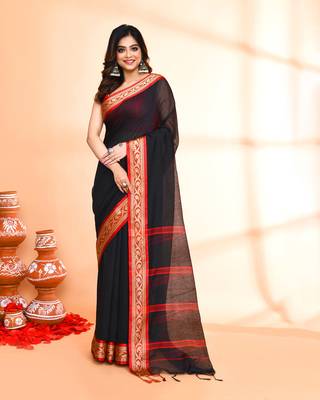 cotton silk black handloom saree with blouse piece 1