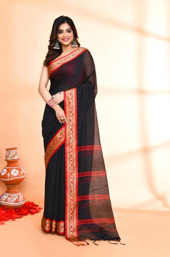 cotton silk black handloom saree with blouse piece