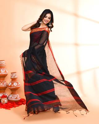 cotton silk black handloom saree with blouse piece 2