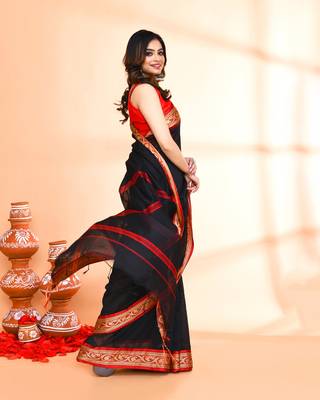 cotton silk black handloom saree with blouse piece 3