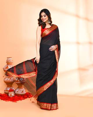 cotton silk black handloom saree with blouse piece 4