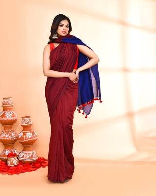 Handspun cotton maroon handloom saree with blouse 4