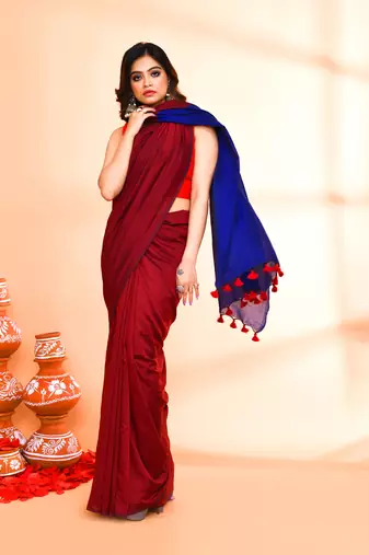 Handspun cotton maroon handloom saree with blouse