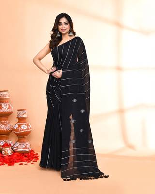 black hand work cotton jamdani saree with blouse piece 1