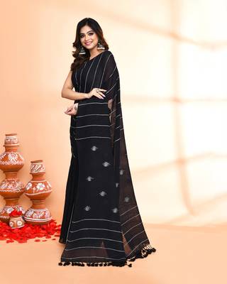 black hand work cotton jamdani saree with blouse piece 2