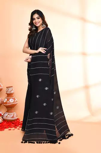 black hand work cotton jamdani saree with blouse piece
