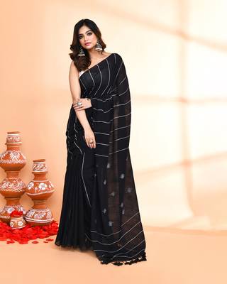 black hand work cotton jamdani saree with blouse piece 4