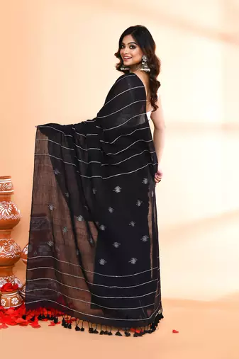 black hand work cotton jamdani saree with blouse piece