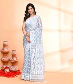 Women's pebble grey cotton silk jamdani saree without blouse