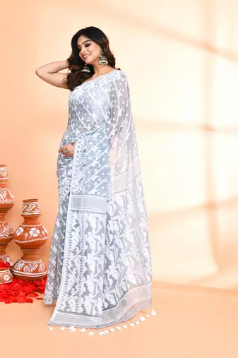 Women's pebble grey cotton silk jamdani saree without blouse