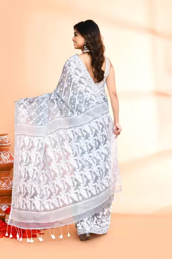 Women's pebble grey cotton silk jamdani saree without blouse