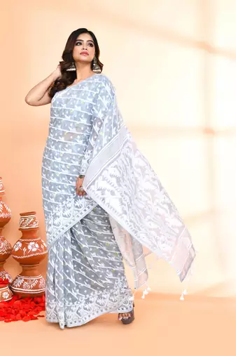 Women's pebble grey cotton silk jamdani saree without blouse