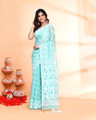 Women's light turquoise cotton silk jamdani saree without blouse 1