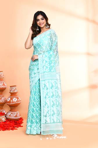 Women's light turquoise cotton silk jamdani saree without blouse