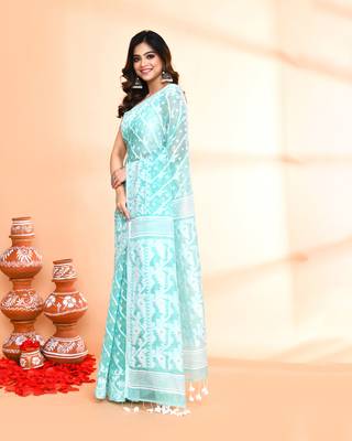 Women's light turquoise cotton silk jamdani saree without blouse 2
