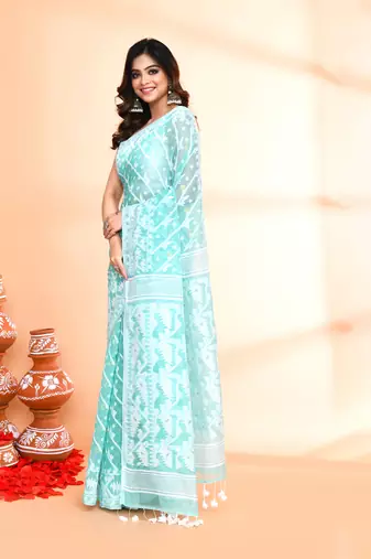 Women's light turquoise cotton silk jamdani saree without blouse