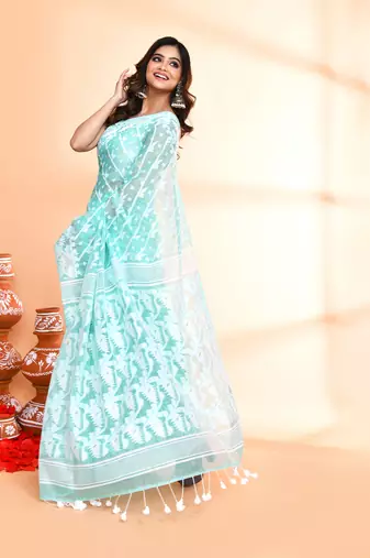 Women's light turquoise cotton silk jamdani saree without blouse