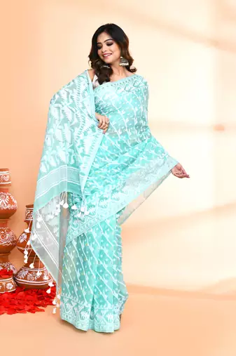 Women's light turquoise cotton silk jamdani saree without blouse