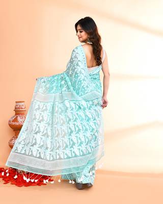 Women's light turquoise cotton silk jamdani saree without blouse 5