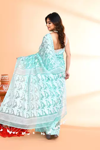 Women's light turquoise cotton silk jamdani saree without blouse