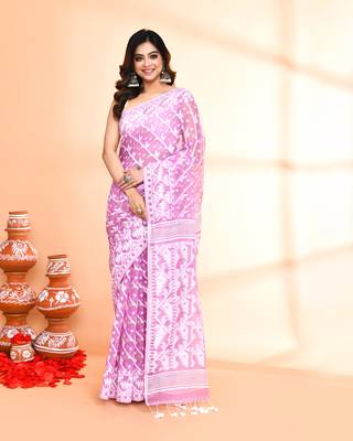 Women's light purple cotton silk jamdani saree without blouse 1