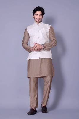 Chiku jacquard work nehru jacket raw silk kurta set for men 1