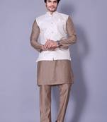 Chiku jacquard work nehru jacket raw silk kurta set for men