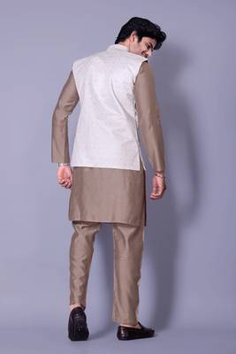 Chiku jacquard work nehru jacket raw silk kurta set for men 2