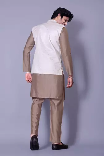 Chiku jacquard work nehru jacket raw silk kurta set for men