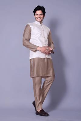 Chiku jacquard work nehru jacket raw silk kurta set for men 3