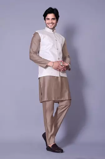Chiku jacquard work nehru jacket raw silk kurta set for men