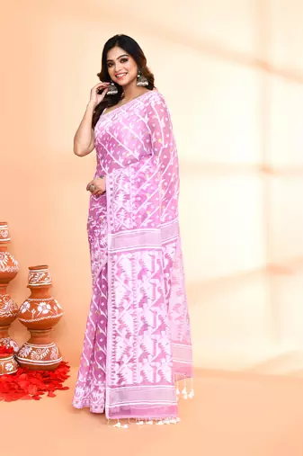 Women's light purple cotton silk jamdani saree without blouse