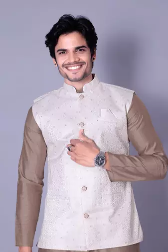 Chiku jacquard work nehru jacket raw silk kurta set for men