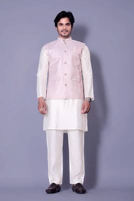 Off white jacquard work nehru jacket raw silk kurta set for men 1