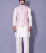 Off white jacquard work nehru jacket raw silk kurta set for men