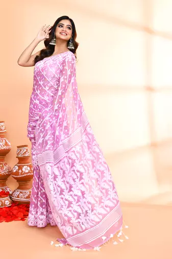 Women's light purple cotton silk jamdani saree without blouse