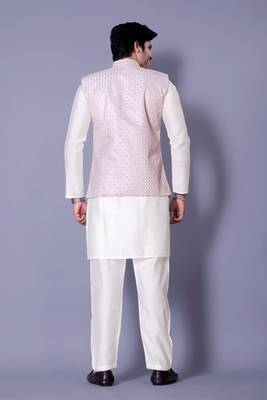 Off white jacquard work nehru jacket raw silk kurta set for men 2