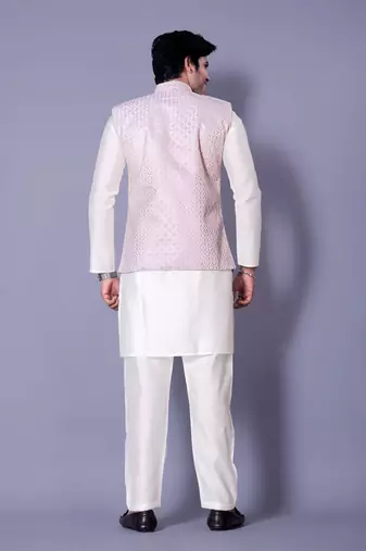 Off white jacquard work nehru jacket raw silk kurta set for men