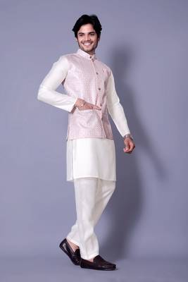 Off white jacquard work nehru jacket raw silk kurta set for men 3