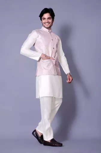 Off white jacquard work nehru jacket raw silk kurta set for men