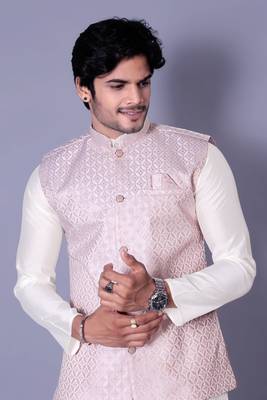 Off white jacquard work nehru jacket raw silk kurta set for men 4