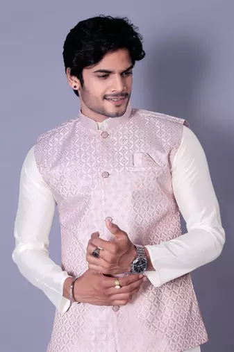 Off white jacquard work nehru jacket raw silk kurta set for men