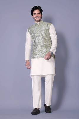White jacquard work nehru jacket raw silk kurta set for men 1