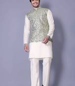 White jacquard work nehru jacket raw silk kurta set for men