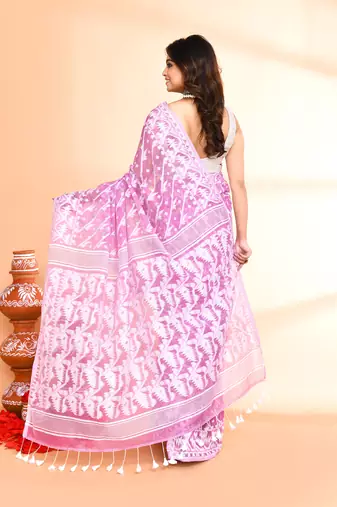 Women's light purple cotton silk jamdani saree without blouse