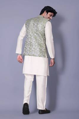 White jacquard work nehru jacket raw silk kurta set for men 2